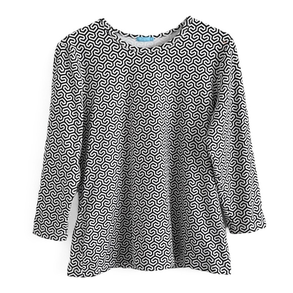 J. MCLAUGHLIN BLACK WHITE GEOMETRIC 3/4 SLEEVES TOP SZ L - Picture 1 of 3